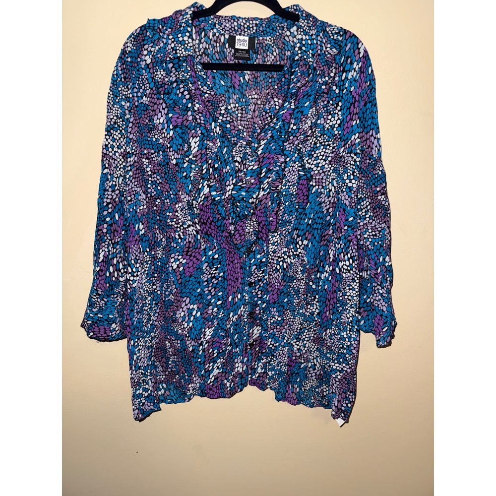 Womens Blue Purple Pebble Print Ruffle Button‎ Down Blouse 26/28 3X Office Chic